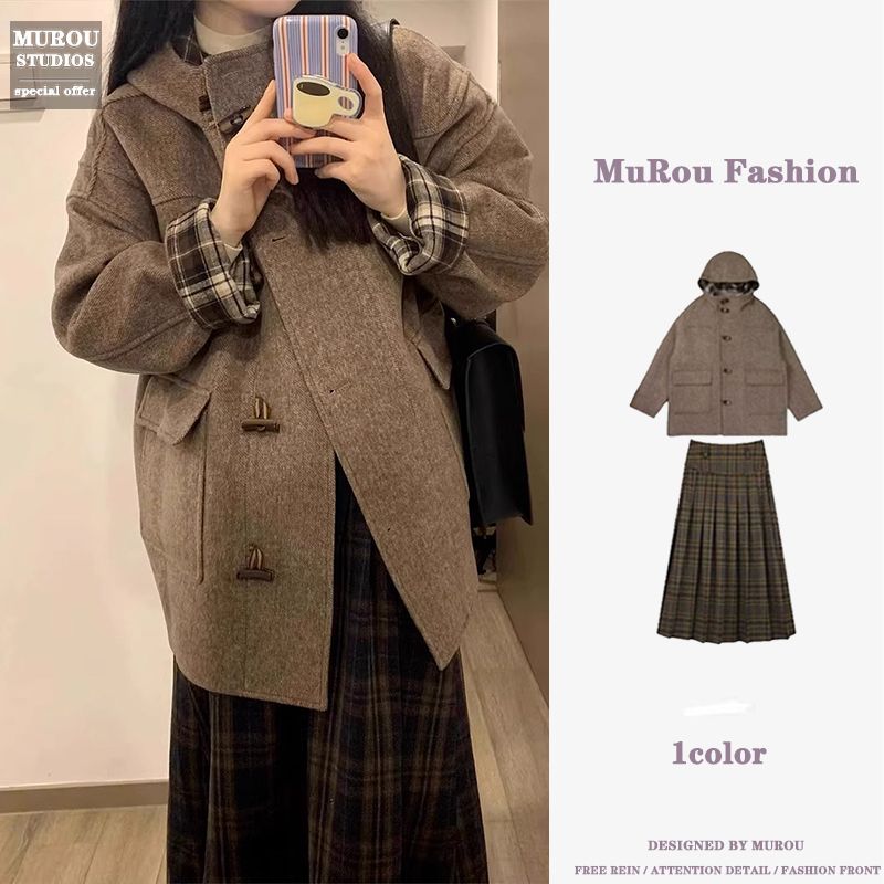 美拉德復古穿搭深秋冬毛呢外套呢子大衣半身長裙兩件套裝女高級感