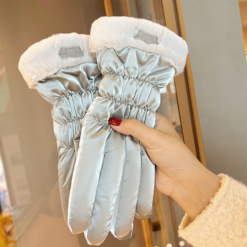 手套女冬季保暖韩版防滑可触屏骑行电动车防寒加绒加厚羽绒棉手套
