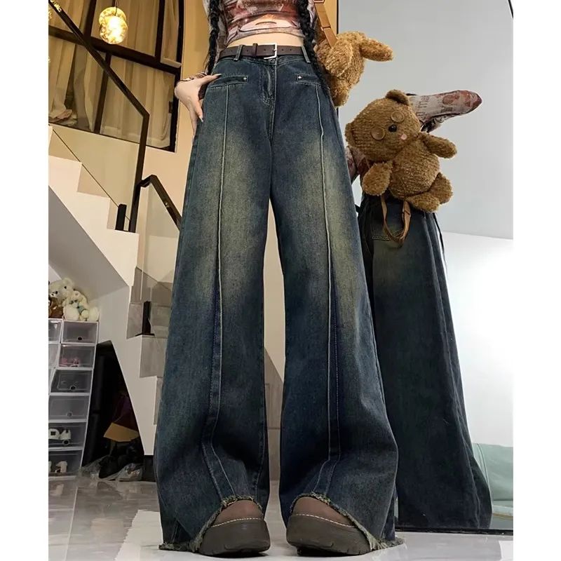 復古美式牛仔褲闊腿秋季設計新款寬鬆瘦高直筒拖地褲子天內發貨