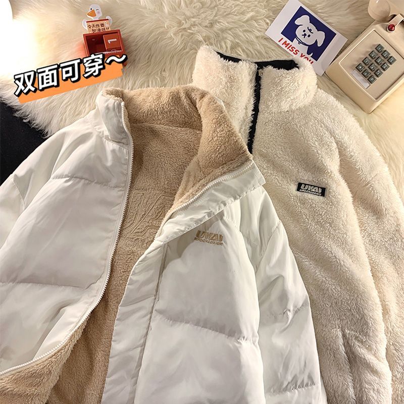 加絨加厚棉服男2023新款冬季寬鬆韓版羊羔毛外套設計感兩面穿棉衣