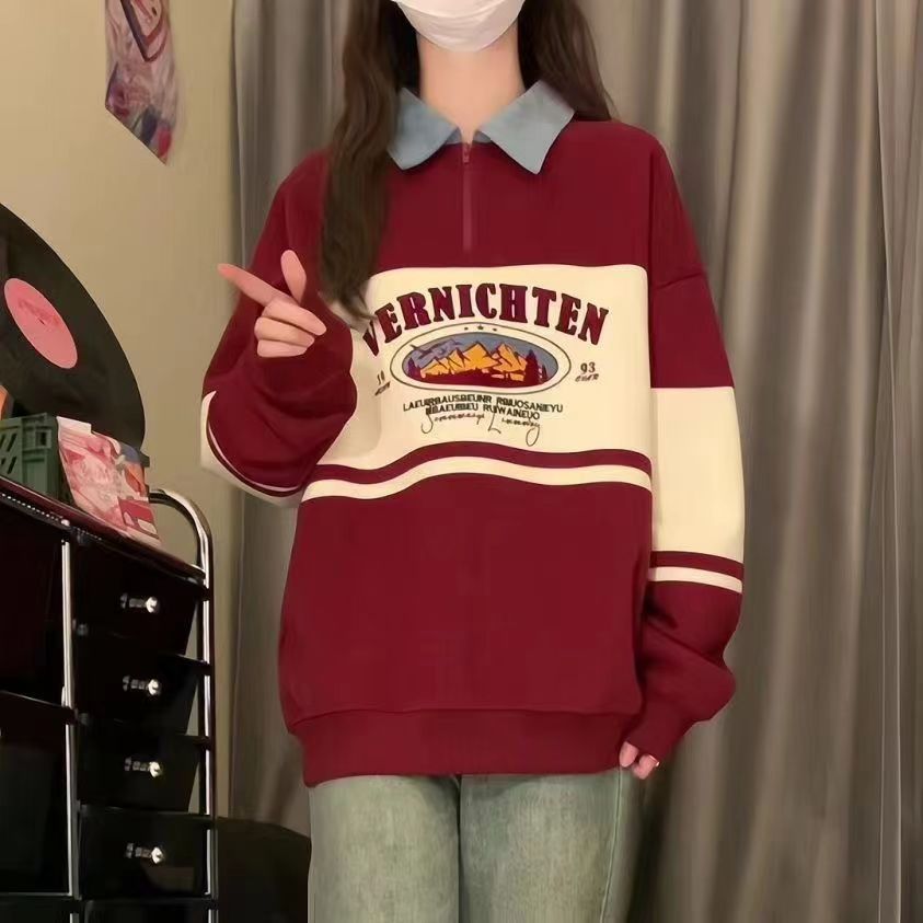 學院風拼色polo領半拉鏈衛衣女寬鬆慵懶oversize韓系秋冬加絨加厚
