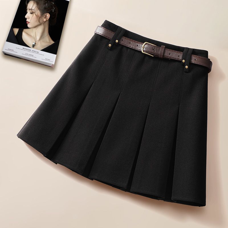 Woolen skirt with waist design for women 2023 new autumn and winter style high-waisted A-line pleated skirt casual skirt