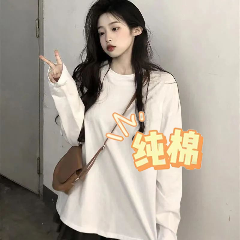 秋季純棉長袖T恤女春秋內搭白色打底衫韓版ins寬鬆百搭純色上衣潮
