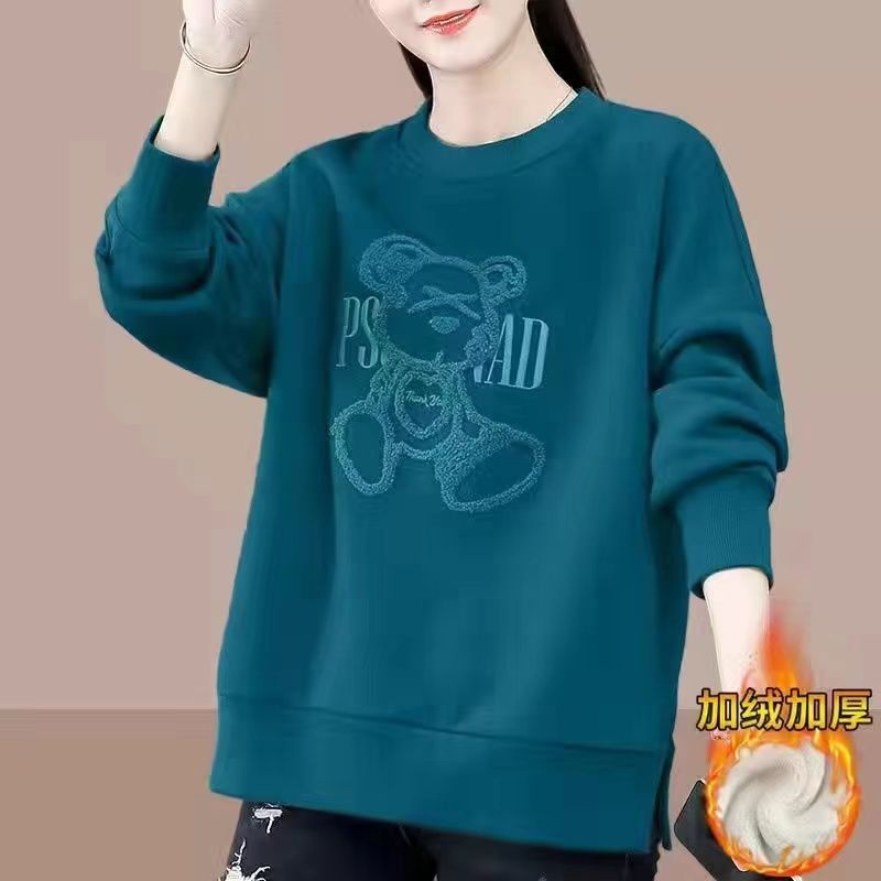 撿漏~尾單大牌加厚衛衣加絨小熊新款洋氣減齡刺繡圓領上衣女