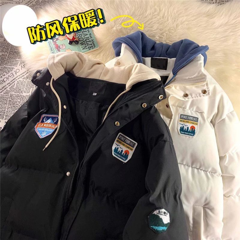 冬季港風潮流男女連帽假兩件棉服情侶裝寬鬆加厚百搭小眾ins棉衣