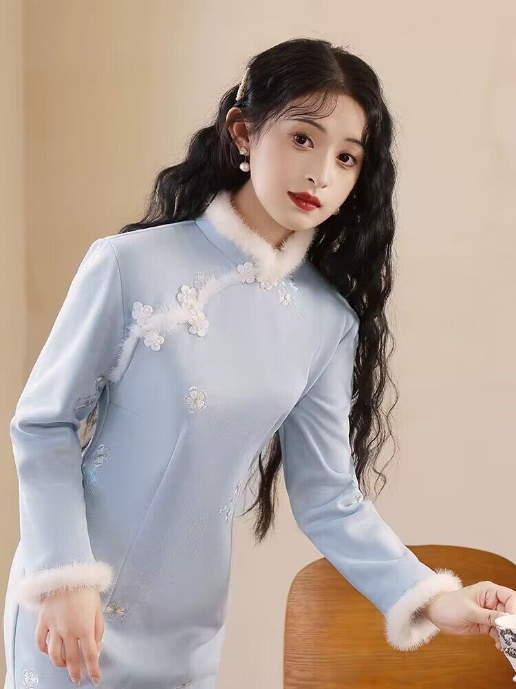 新中式復古改良旗袍裙女秋冬季2023新款長袖藍色氣質加絨加厚冬款