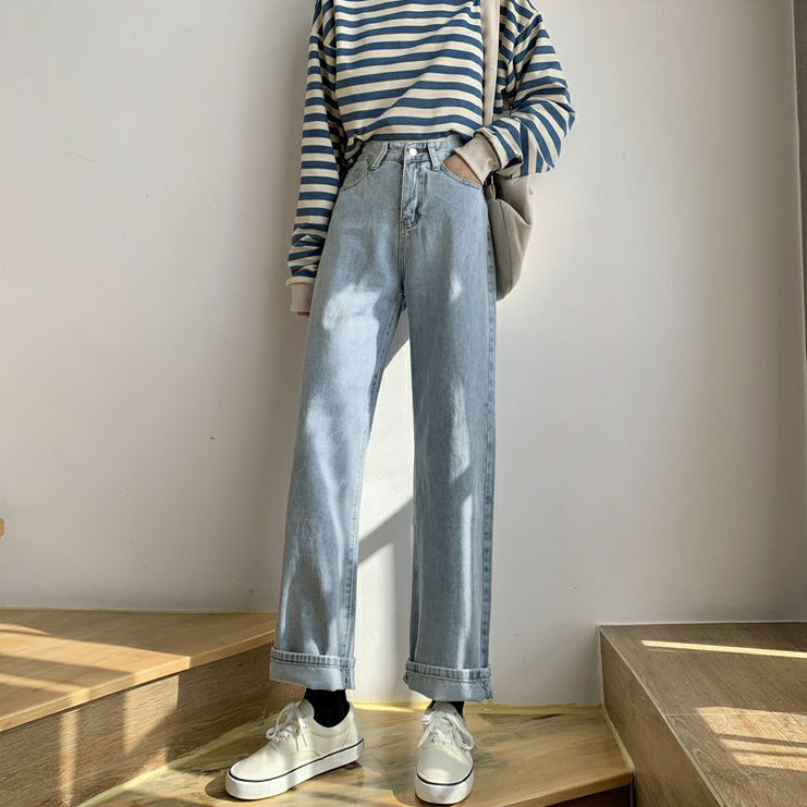 褲子女韓版chic時尚新款百搭高腰牛仔直筒褲寬鬆顯瘦休閒闊腿長褲