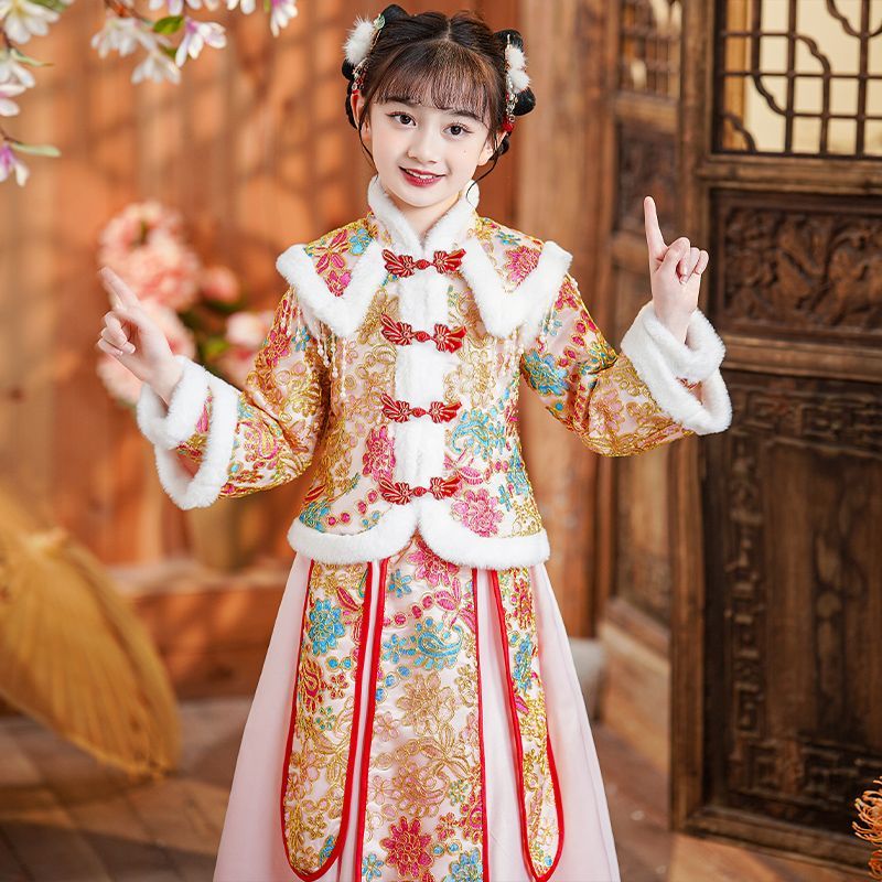 汉服女童冬季拜年服儿童连衣裙新年裙子秋冬款过年衣服公主裙冬款