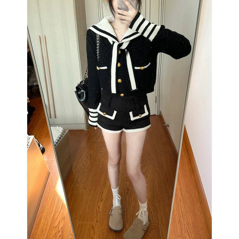 套裝女秋季美式學院小香風海軍領短款針織開衫上衣休閒短褲兩件套