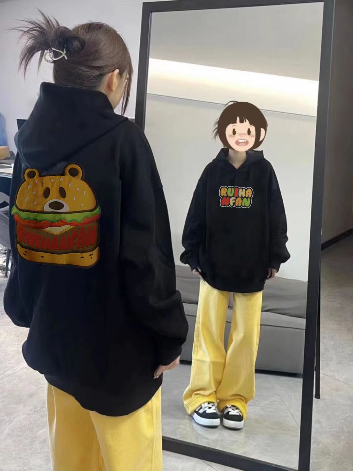 美式高街hiphop連帽衛衣女秋冬加絨加厚oversize寬鬆小眾長袖上衣
