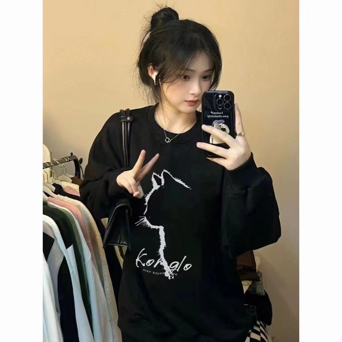 潮流小貓加絨圓領衛衣女2023秋冬季寬鬆情侶中長款chic加厚上衣潮