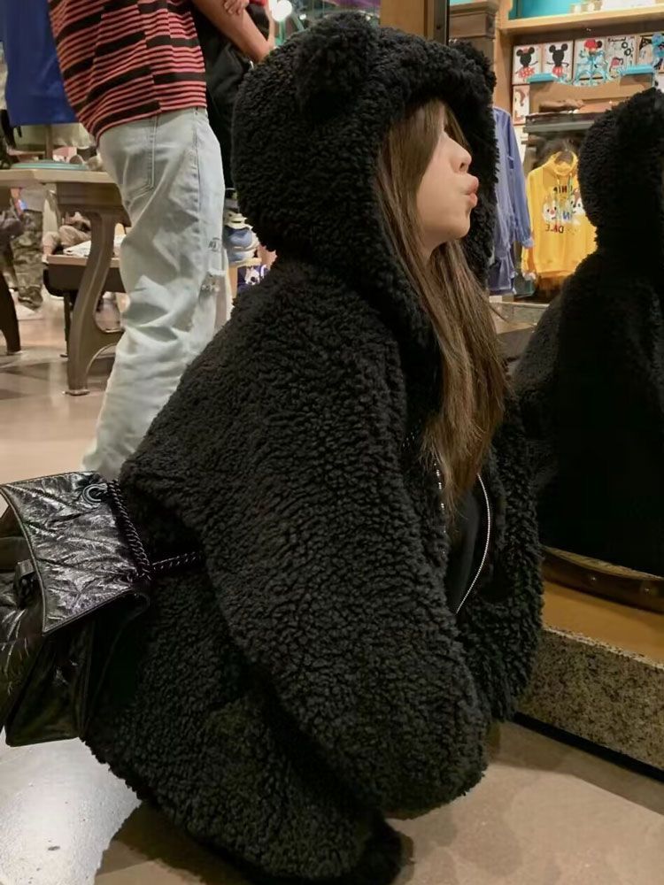 年輕款羊羔毛小熊耳連帽外套女2023秋冬季新款加厚毛毛絨棉服大衣