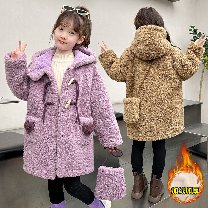 女童毛毛衣外套新款加厚小女孩冬季羊羔绒儿童冬装中长款大衣