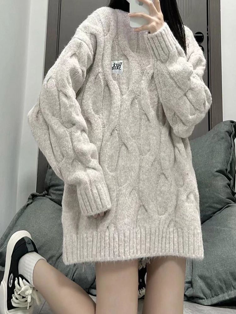 學院風甜美麻花拼接奶fufu套頭毛衣女秋冬季寬鬆慵懶風針織衫上衣