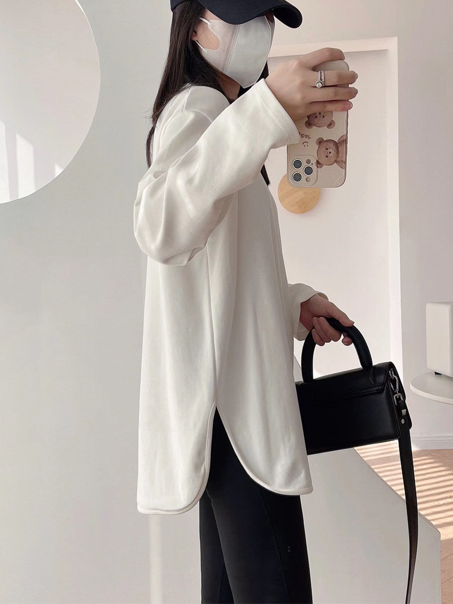 2023年打底衫白色T恤女加絨寬鬆疊穿弧形開叉遮臀顯瘦上衣女冬