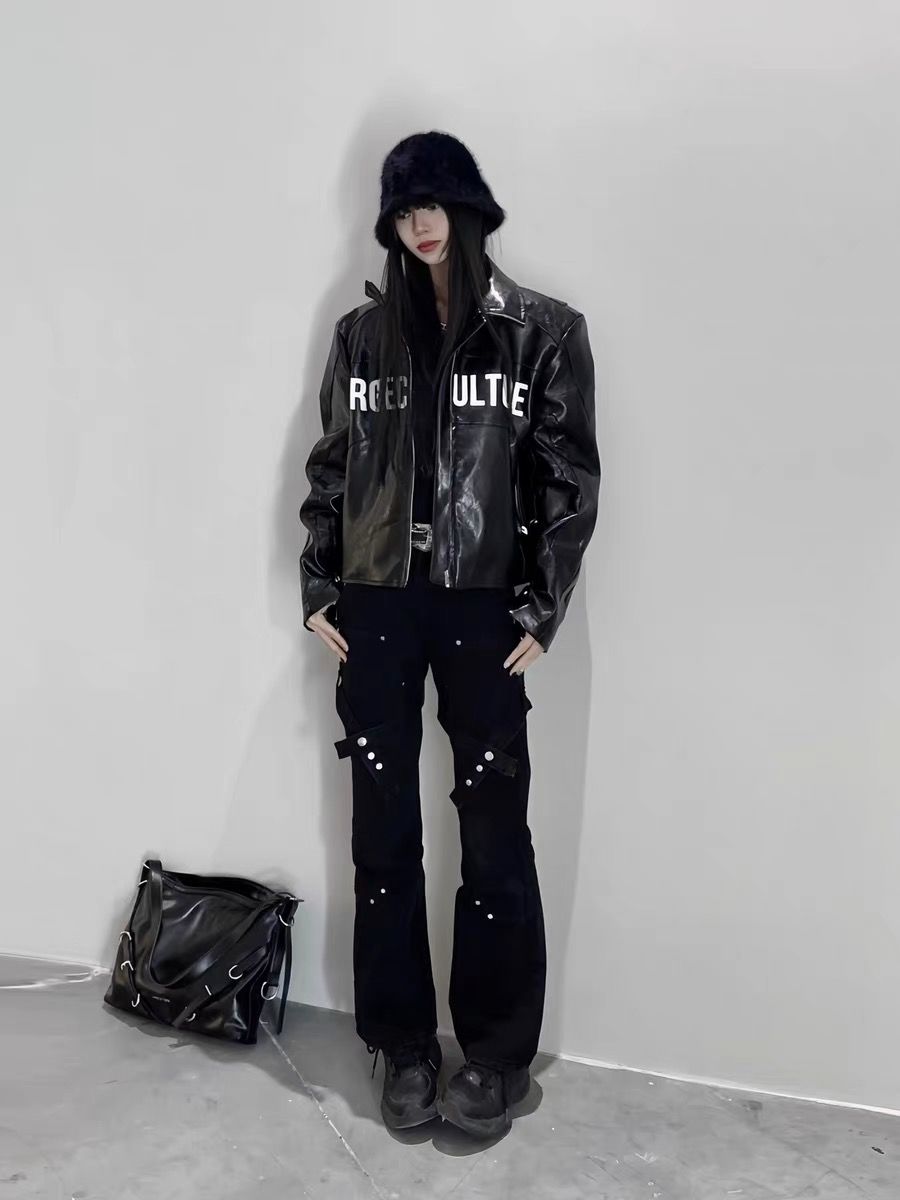 復古綁帶微喇叭黑色牛仔褲女秋冬oversize國潮設計感帥氣高街長褲