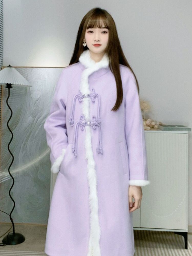外套女2023新款秋冬新中式紫色高级感拼接小个子中长款毛呢大衣女