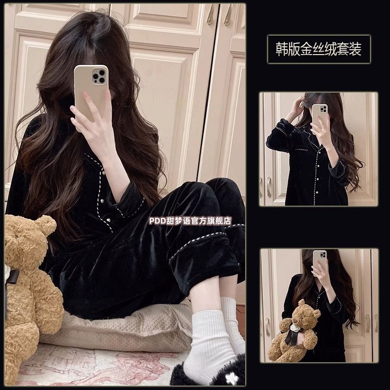 日系ins睡衣女秋冬款網紅風加厚法蘭絨外穿保暖珊瑚絨家居服套裝