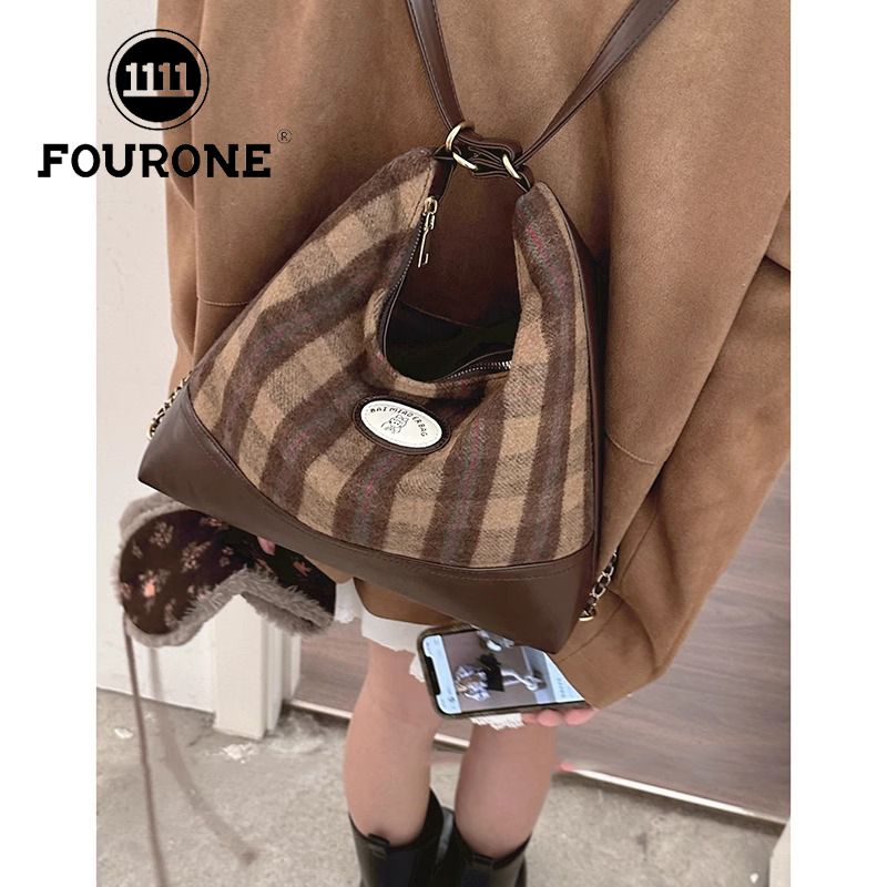 Wool plaid large bag women's new trendy retro college tote bag casual large capacity backpack