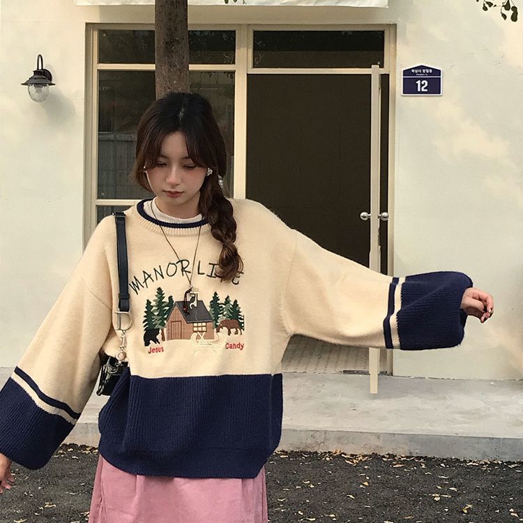 2023新款秋冬毛衣女溫柔風美式復古寬鬆慵懶風撞色刺繡套頭上衣