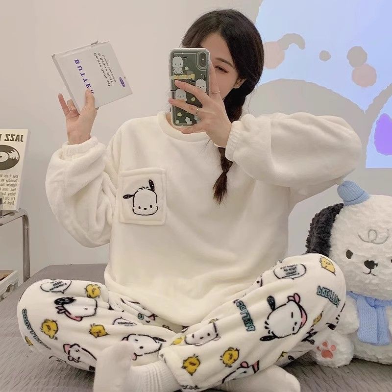 睡衣女款秋冬季珊瑚絨長袖加絨加厚法蘭絨冬天卡通開衫家居服套裝