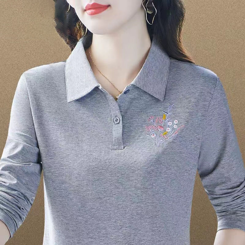 撿漏~尾單大牌春秋翻領長袖上衣洋氣媽媽刺繡減齡polo打底衫