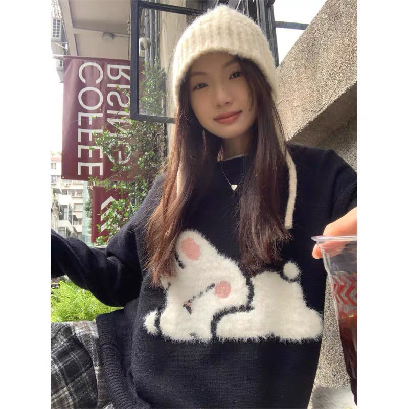 XJ家甜美可愛兔子圓領毛衣女奶fufu慵懶風秋冬季黑色內搭針織上衣