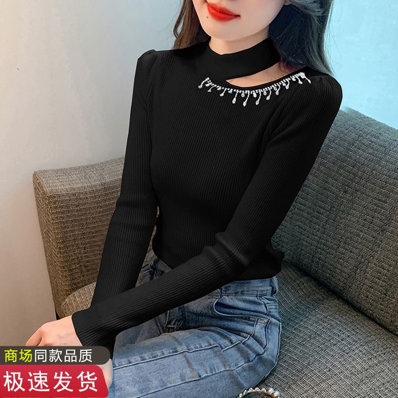 2023秋冬季新款重工鑲鑽半高領泡泡袖針織打底衫女內搭顯瘦毛衣女