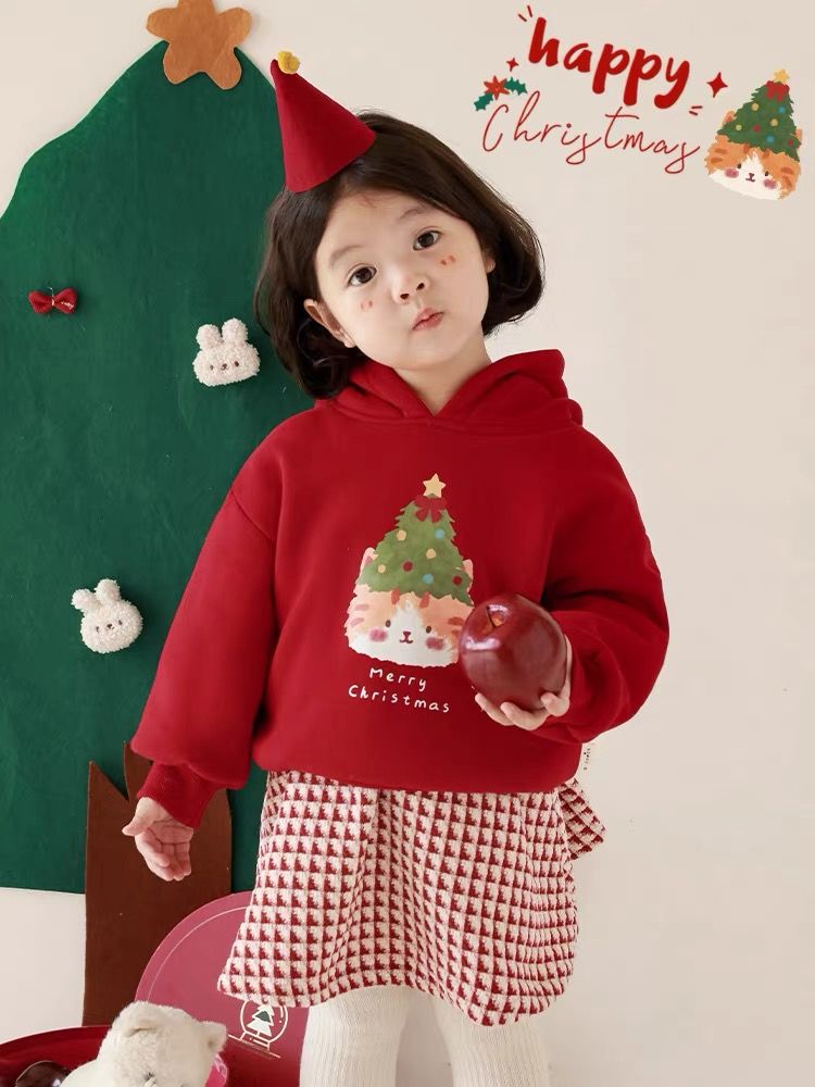 宝宝加绒连帽卫衣儿童加厚新款可爱女童上衣洋气圣诞潮流爆款