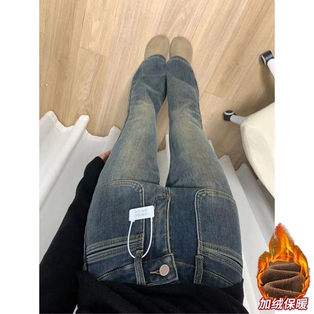 水泥灰加絨加厚加長復古微喇牛仔褲女冬季新款高腰顯瘦直筒喇叭褲