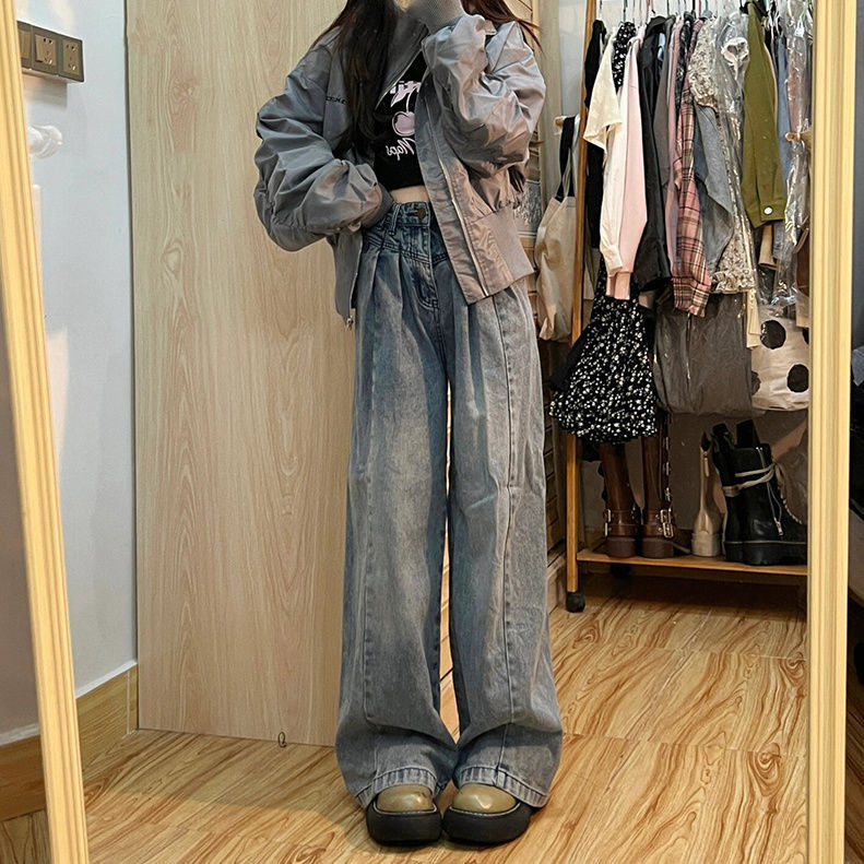 復古高腰設計感褶皺牛仔褲女新款ins寬鬆顯瘦直筒拖地闊腿長褲潮