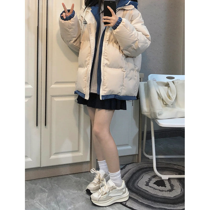 胖妹妹200斤假兩件學院風麵包服新款寬鬆大碼加厚羽絨棉服女外套