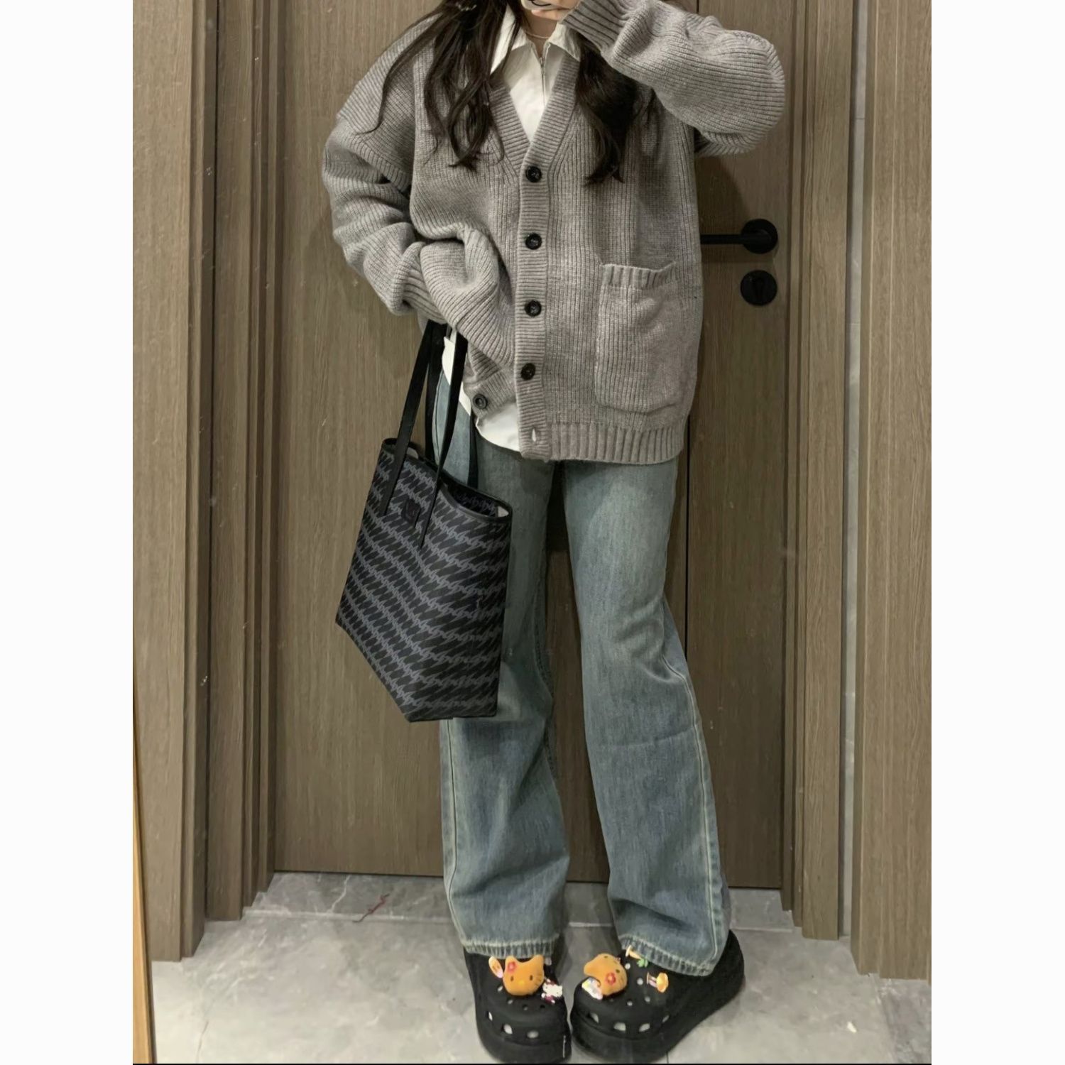 灰色毛衣外套女春秋季外穿復古慵懶風寬鬆高級感軟糯針織衫上衣
