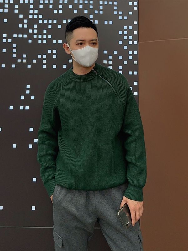 秋冬新款韓版個性拉鏈設計圓領毛衣男套頭線衣內搭打底衫保暖純色