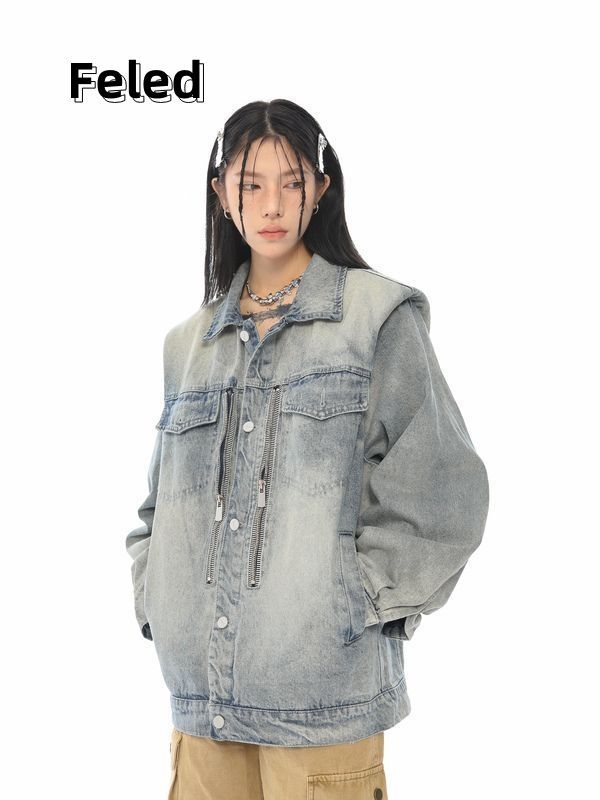 飛拉丹頓簡約高級感做舊拉鏈小眾設計感美式復古牛仔夾克男女外套