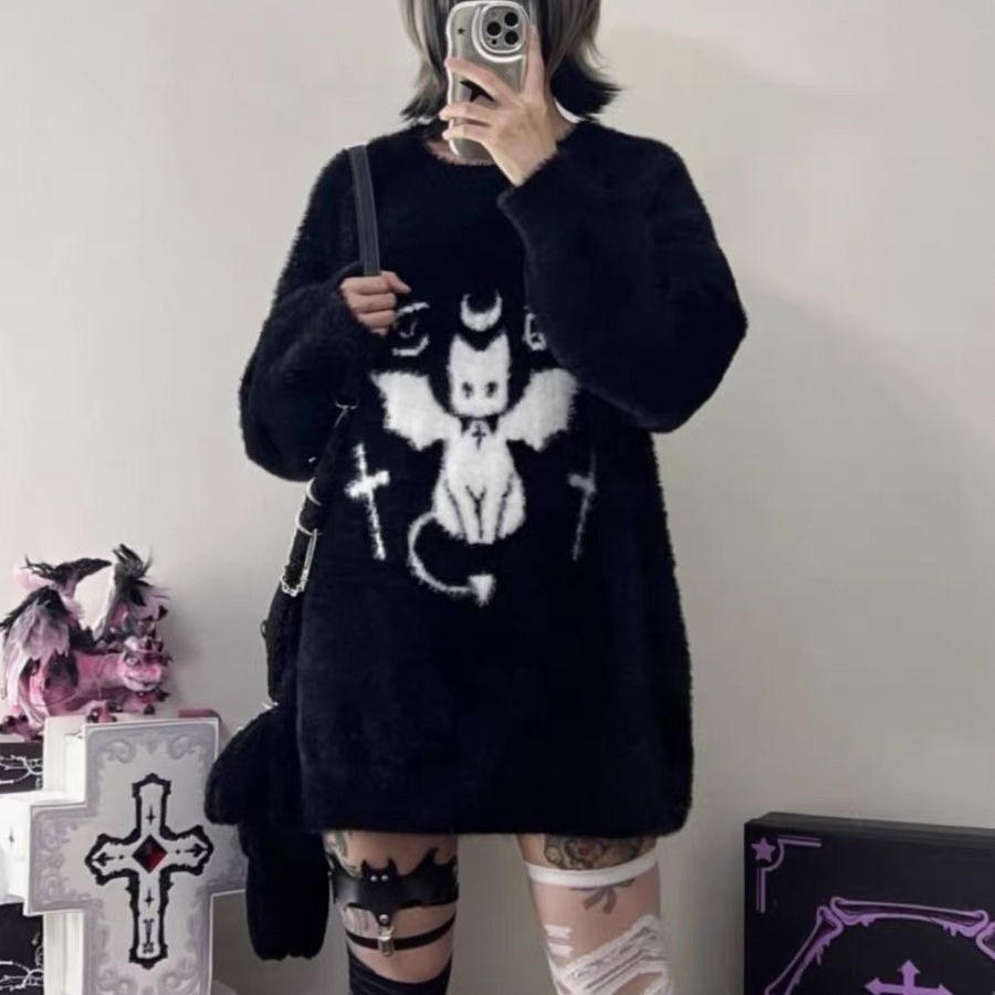 惡魔貓貓 咪小瓜原創黑色仿貂毛圓領毛衣女毛茸茸寬鬆保暖上衣冬
