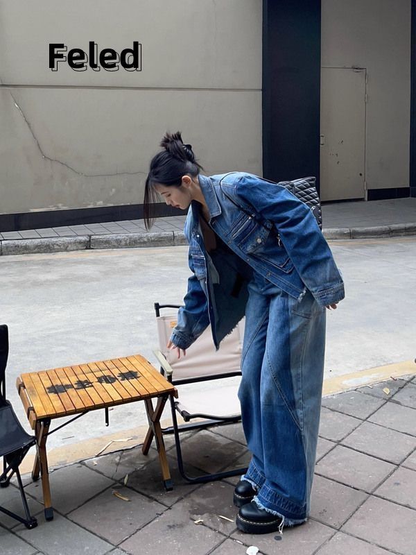 飛拉丹頓秋冬小眾設計感情侶百搭顯瘦做舊牛仔直筒褲男女氣質長褲
