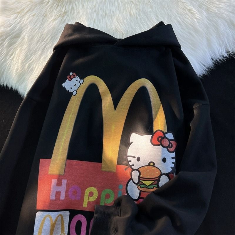 美式新款麥當勞Kitty貓連帽衛衣男女秋冬季寬鬆學院風情侶裝上衣