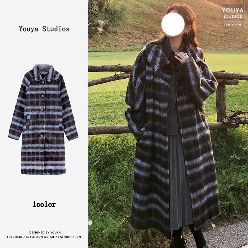 大衣女秋冬韓版小個子過膝復古長款寬鬆格紋毛呢外套高級感超好看