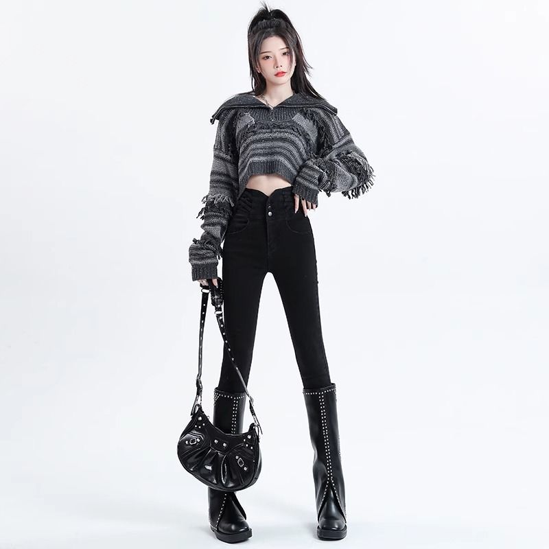 KRO緊身小腳加絨牛仔褲女2023秋新款高腰顯高顯瘦彈力修身鉛筆褲