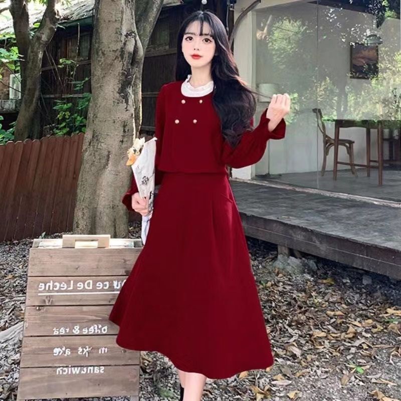 假兩件連衣裙女秋季新款小香風法式氣質時尚顯瘦圓領系帶長款裙子