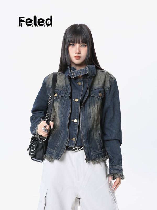 飛拉丹頓重工水洗做舊牛仔夾克外套男女高級感百搭顯瘦洋氣潮上衣