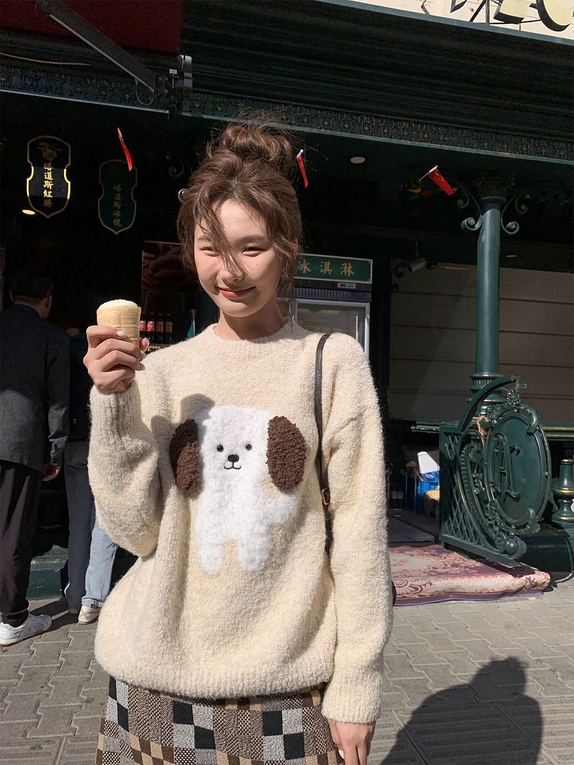 你好卡農 毛絨小狗提花毛衣女秋冬2023新款寬鬆慵懶小個子針織衫