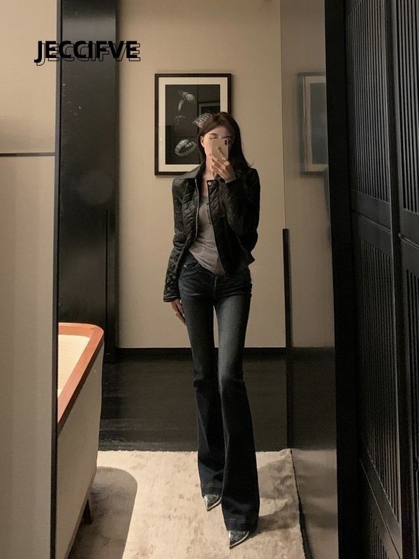 JECCIFIVE新款水熊做舊微喇叭牛仔褲男女美式復古高腰顯瘦ins長褲