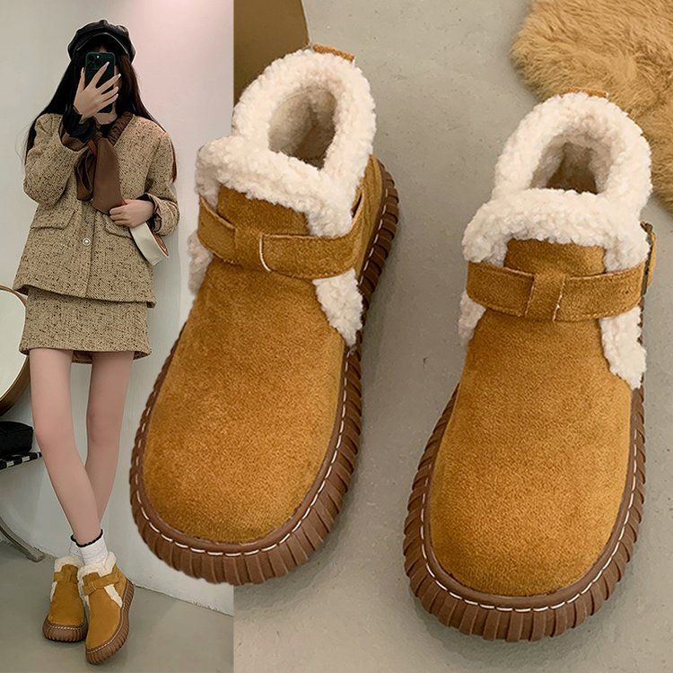 Fur integrated snow boots for women  winter new style plus velvet warm anti-slip cotton shoes brown retro short boots