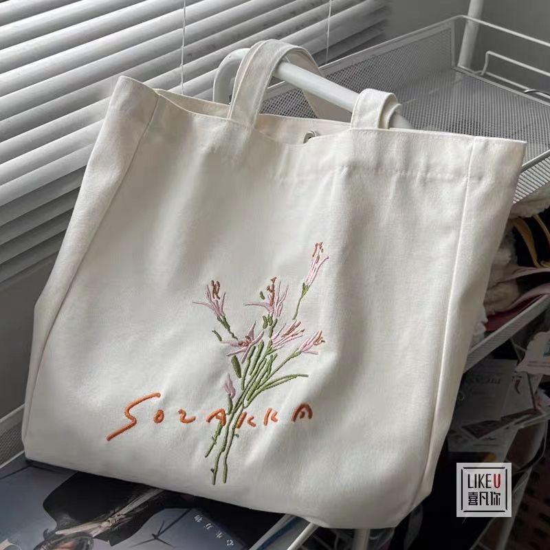 原創自製花卉刺繡休閒慵懶風ins文藝手拎單肩包購物袋帆布包書包