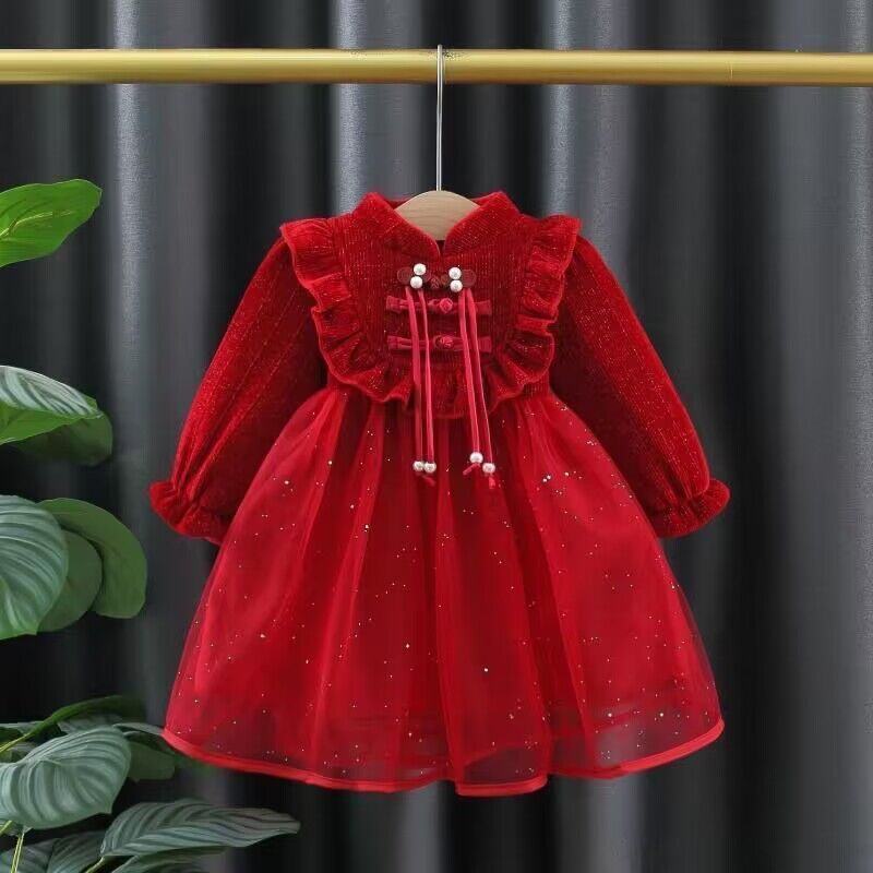 女童連衣裙冬季兒童紅色加絨小女孩寶寶秋冬款拜年服公主裙子虹色