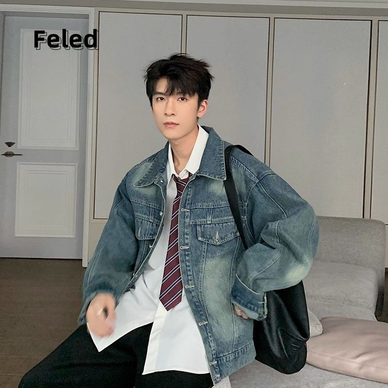 Feira Denton American retro washed distressed denim jacket jacket men and women short slim personality versatile tops