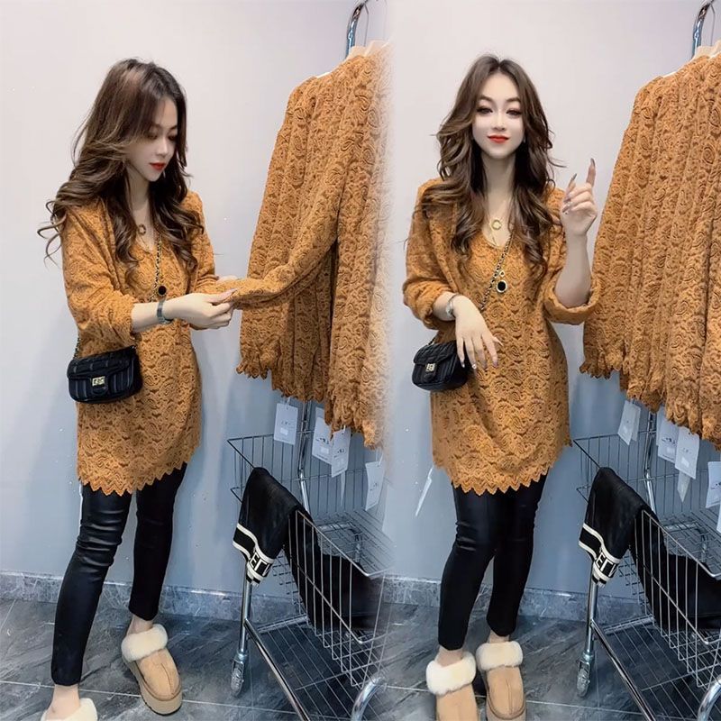 Solid color Internet celebrity winter new T-shirt mid-length western style lace European goods versatile V-neck retro loose top