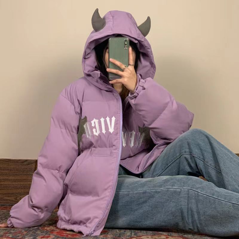 Trendy brand winter American high street 2023 embroidered little devil thickened cotton clothes for men and women ins loose design cotton clothes